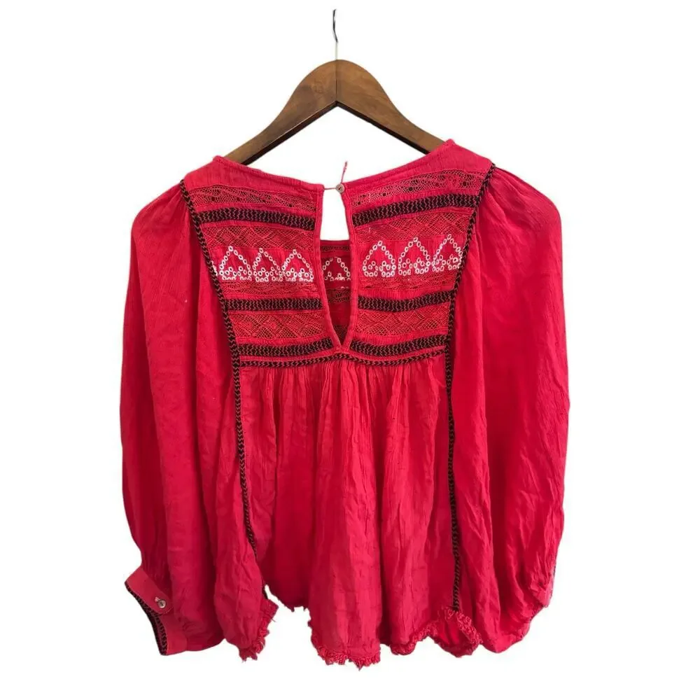 Free People Red Boho‎ Embroidered Lace Peasant Top Women’s Size S